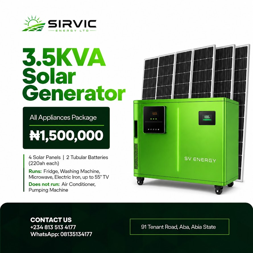 Sirvic Energy 3.5KVA solar generator with four panels and two tubular batteries