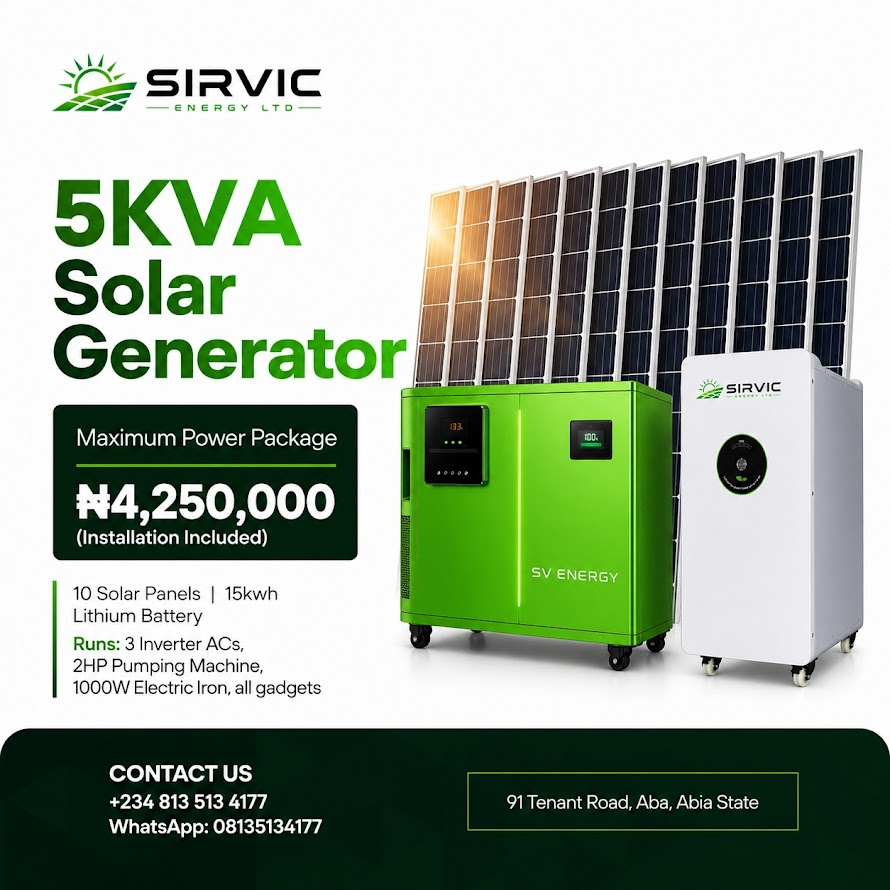 Sirvic Energy 5KVA solar generator with ten panels and 15kwh lithium battery