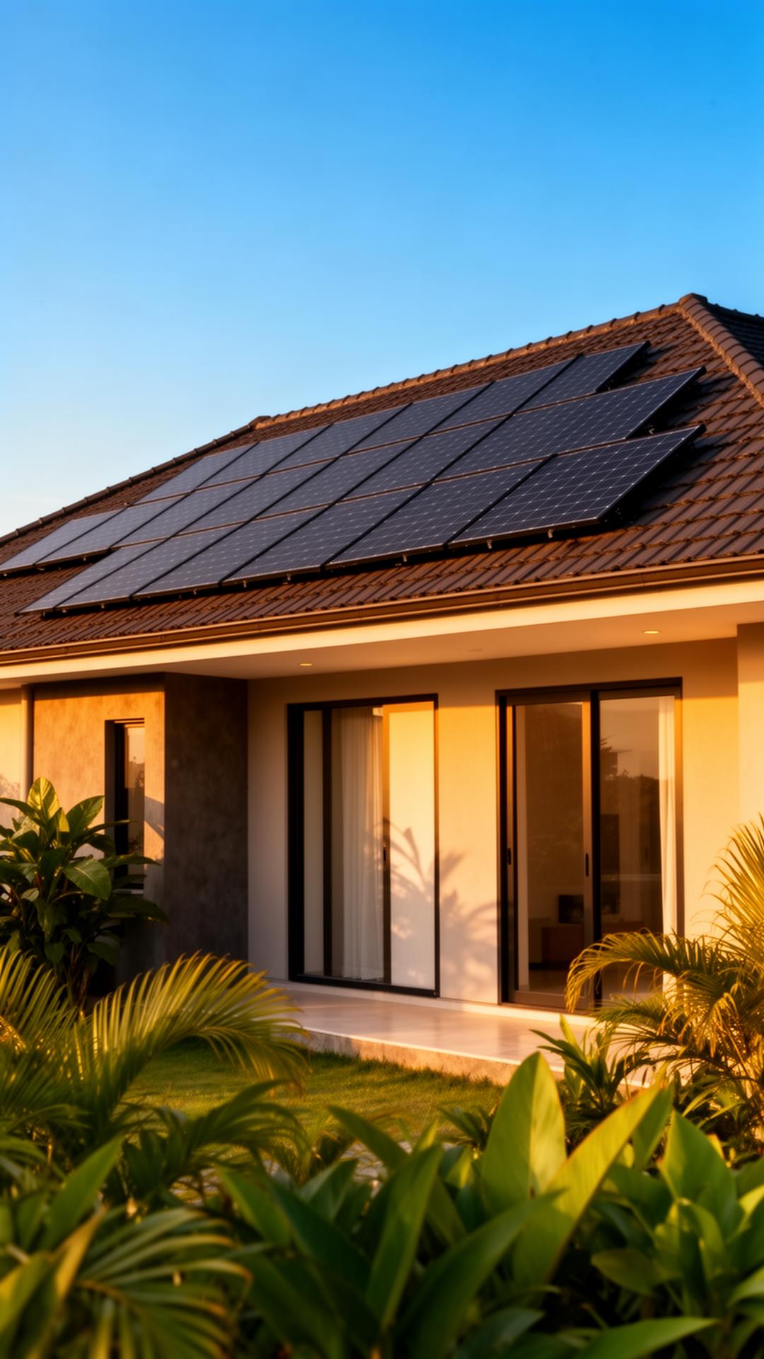 Modern Nigerian home with rooftop solar panels at golden hour